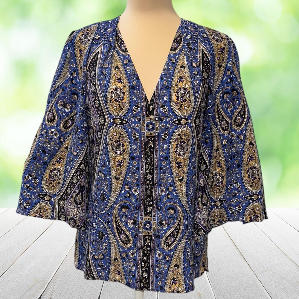 KOBI HALPERIN Silk Blouse Paisley Scarf Print Kimono Sleeve V Neck Blue Size S